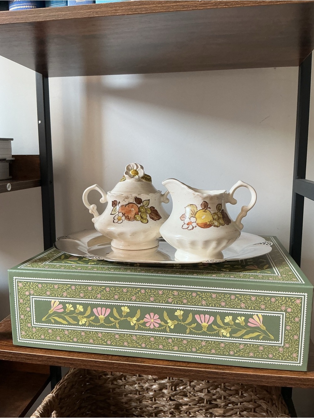 Vintage Cream Ceramic Sugar and Creamer Set with Fruit Motif